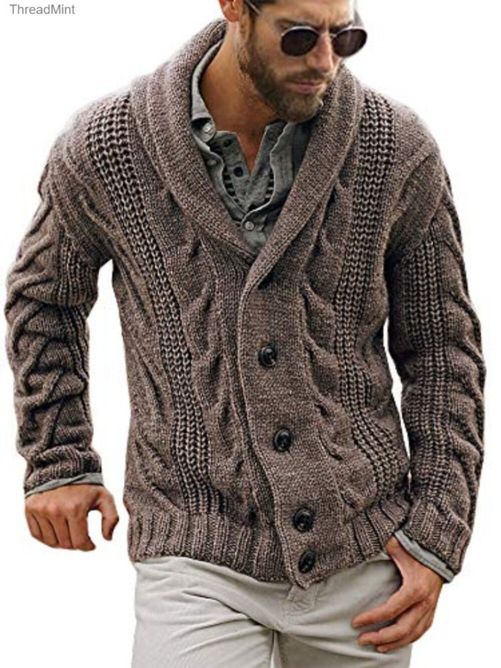 Mens Cable Knit Cardigan Shawl Collar Loose Fit Long Sleeve Casual Cardigans